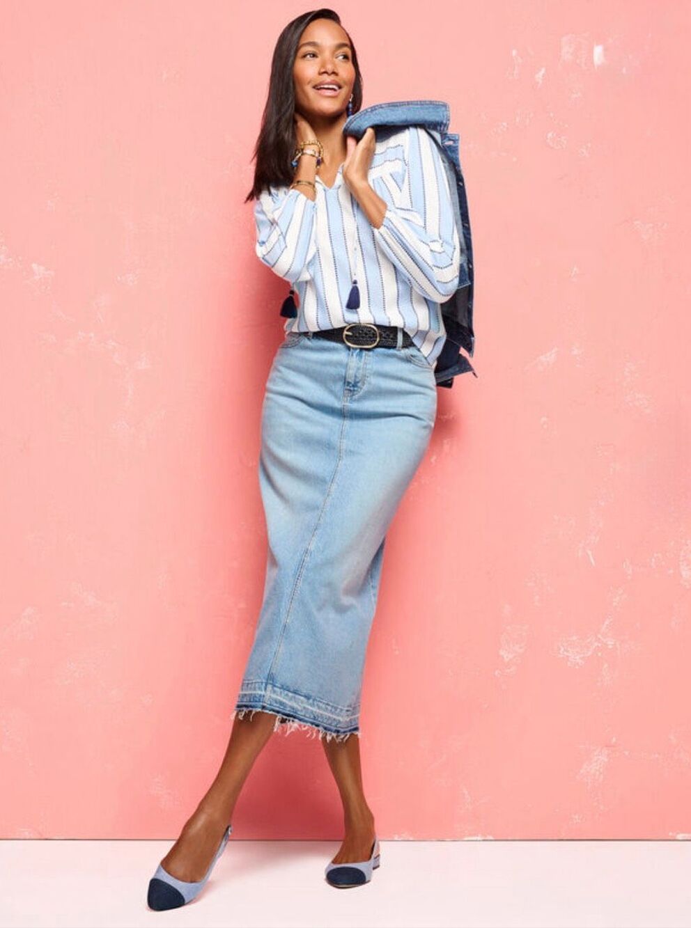 Talbots Drop Hem Denim Midi Skirt 12P Petite Spring Wash A-Line Raw Hem